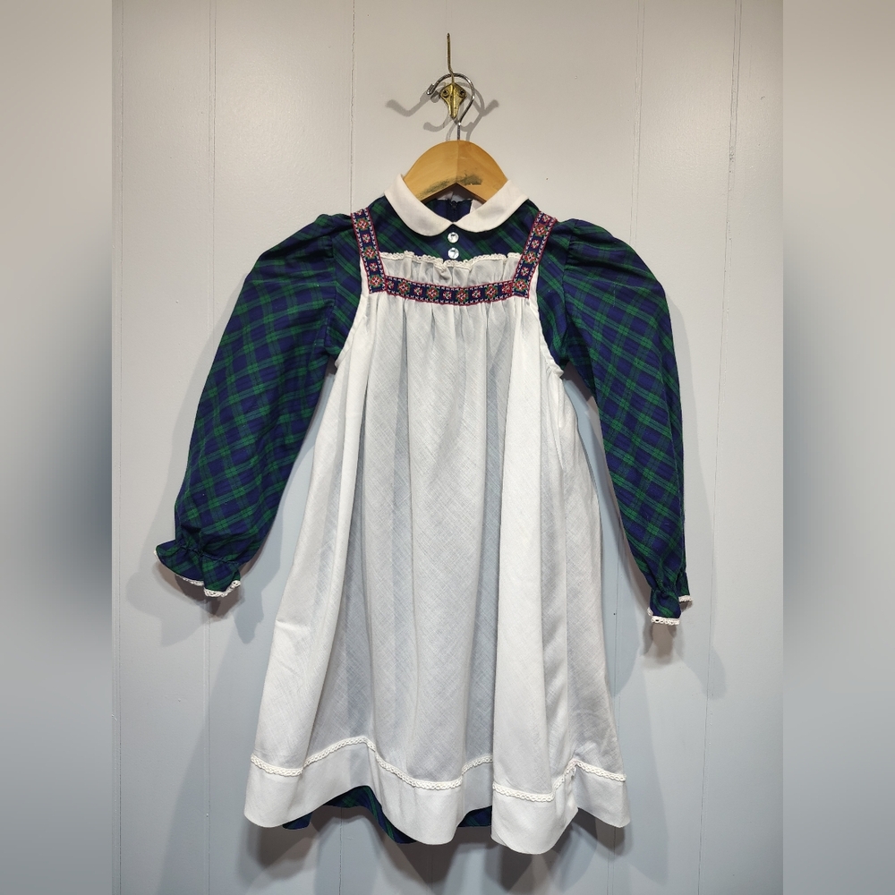 Vintage Ruth of Carolina Girls Dress 6X Plaid Holiday Smocked Pinafore Prairie